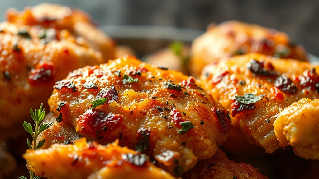 detail: close-up of perfectly crispy golden chicken skin with herbs, steam rising, photorealistic, natural light, no text, macro food photography