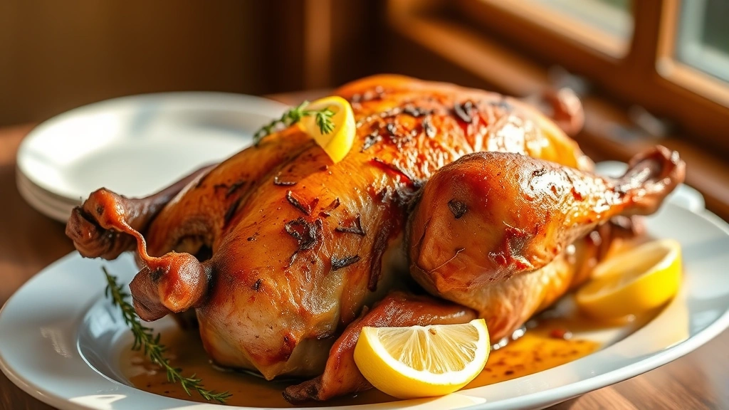 hero: perfectly roasted whole duck with crispy golden-brown skin, garnished with fresh thyme and lemon wedges, resting on white porcelain platter, warm natural window light, shallow depth of field
