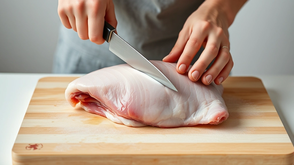 process: hands scoring duck skin with sharp knife in crosshatch pattern, raw duck on cutting board, clear lighting showing the technique, minimalist background