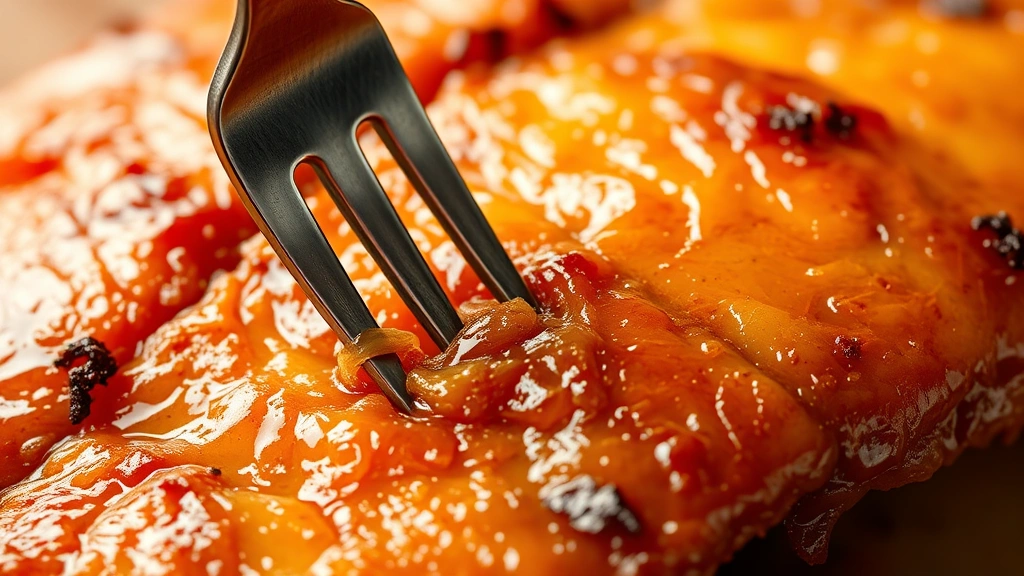 detail: close-up of golden crispy duck skin with rendered fat glistening, fork pressing into skin showing crispness, warm overhead lighting highlighting texture