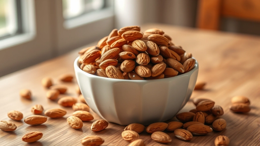 hero: golden brown roasted almonds in a white ceramic bowl on a wooden table with soft natural window light, scattered almonds around the bowl, warm and inviting aesthetic