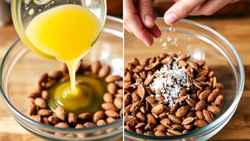 process: pouring melted butter over raw almonds in a glass mixing bowl with sea salt being sprinkled, hands tossing almonds, natural kitchen lighting