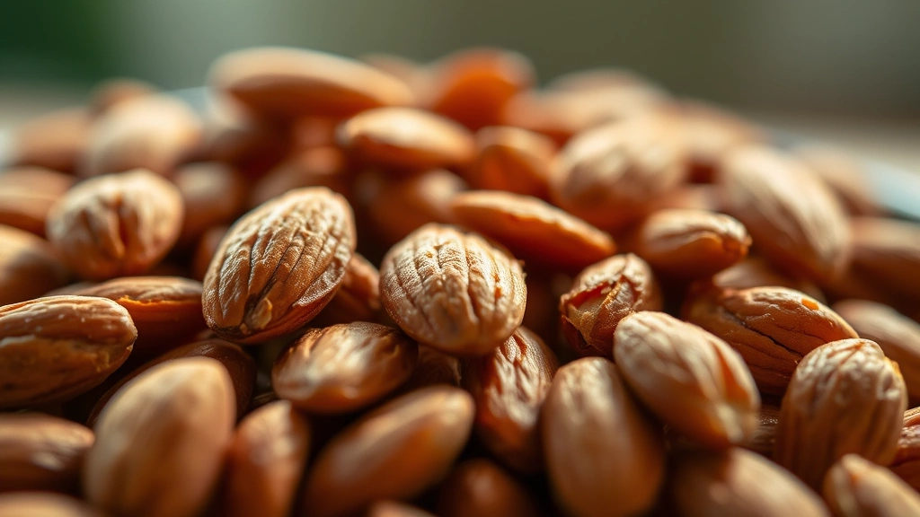 detail: close-up macro shot of perfectly roasted golden almonds with visible texture and crispness, shallow depth of field, warm natural light highlighting the nutty color