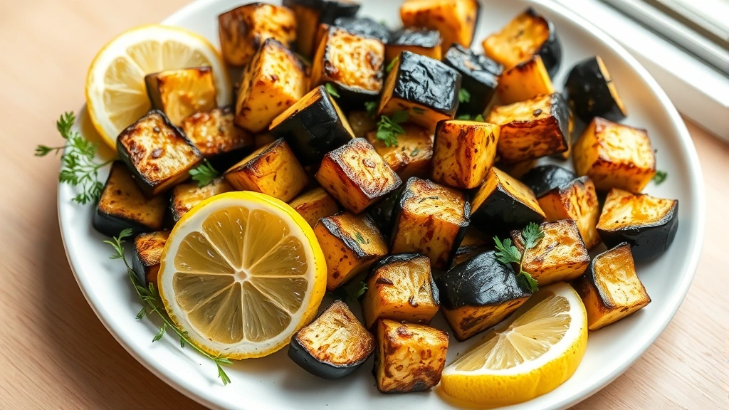 hero: golden and charred roasted eggplant cubes on white plate with fresh herbs and lemon wedges, Mediterranean style, photorealistic, natural window light, no text