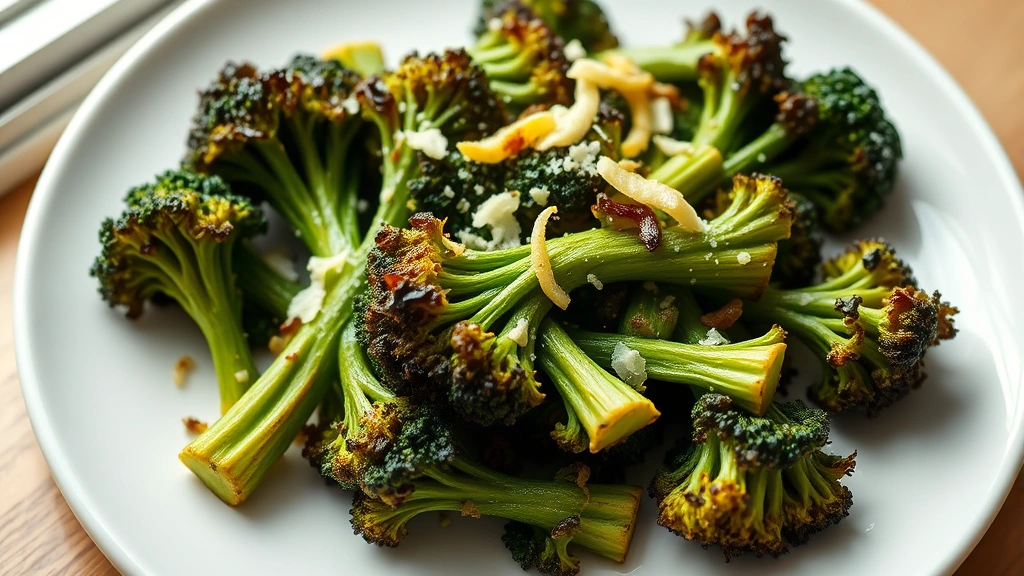 hero: perfectly roasted broccolini on white plate, vibrant green with charred golden edges, garnished with lemon zest and parmesan, natural window light, shallow depth of field, overhead angle, food photography style