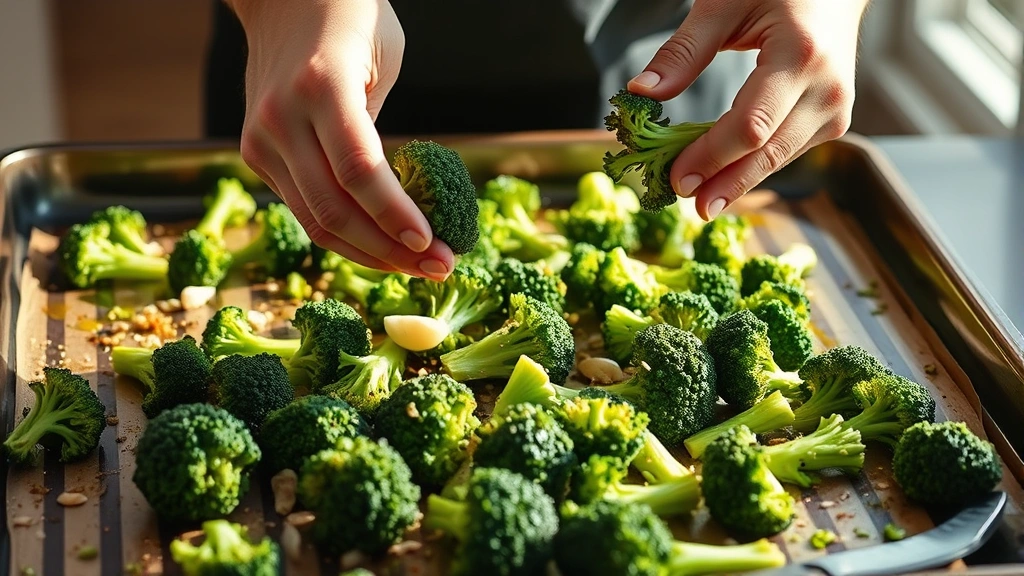 process: hands tossing fresh broccolini with olive oil and garlic on large baking sheet, bright natural light, action shot, cooking process, professional food photography
