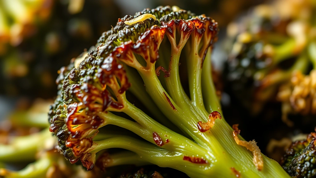detail: close-up macro shot of single roasted broccolini floret showing crispy charred edges and tender interior, golden-brown caramelization, fresh lemon zest visible, natural light, shallow depth of field, professional food styling