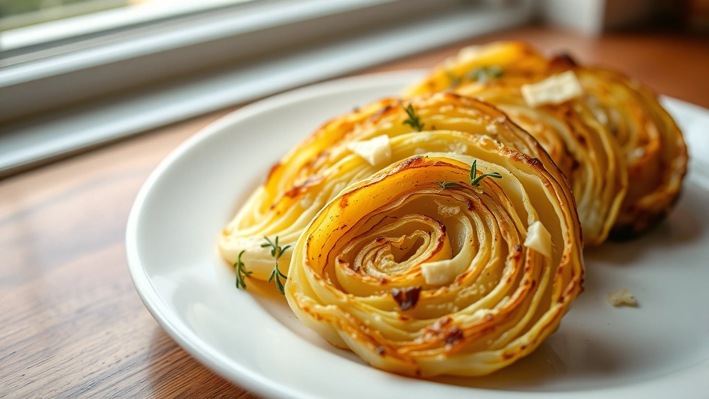 hero: perfectly roasted cabbage wedges with golden-brown crispy edges and charred spots on a white plate, garnished with fresh thyme and parmesan cheese, warm natural window light, shallow depth of field