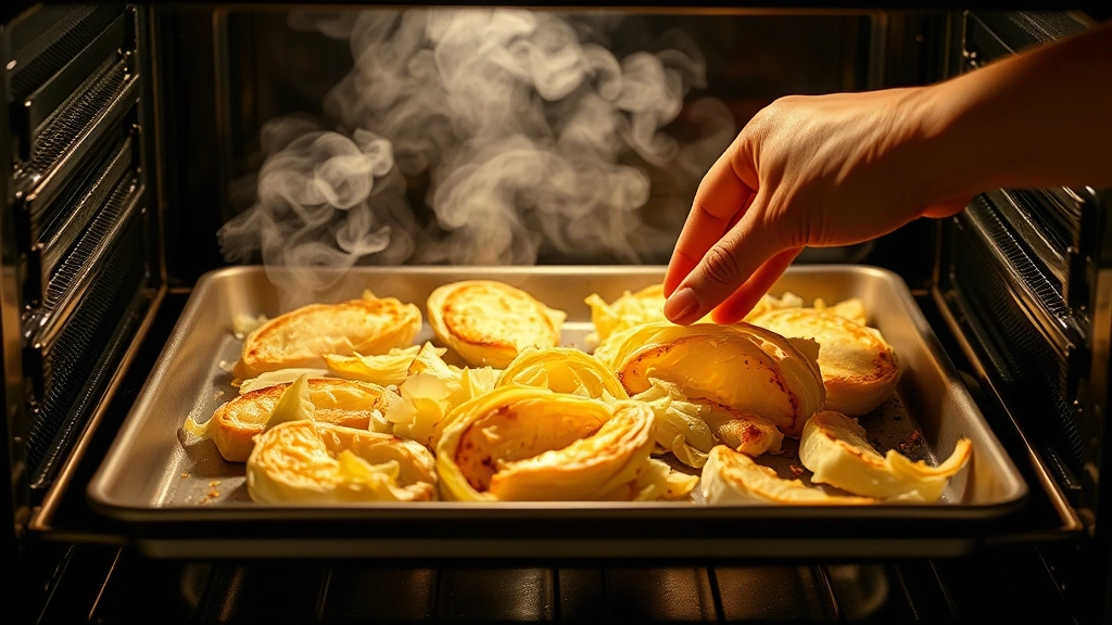 process: hands flipping golden roasted cabbage wedges on a baking sheet in a preheated oven, steam rising, professional kitchen lighting, close-up action shot