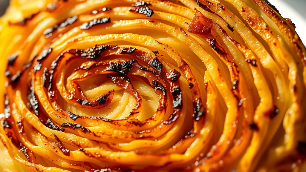 detail: extreme close-up of a single roasted cabbage wedge showing caramelized layers, crispy charred edges, and tender inner leaves, golden-brown coloring, warm natural sunlight, macro photography