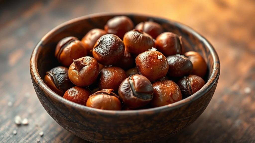 hero: perfectly roasted chestnuts in rustic bowl with sea salt crystals, warm golden lighting, soft focus background, professional food photography