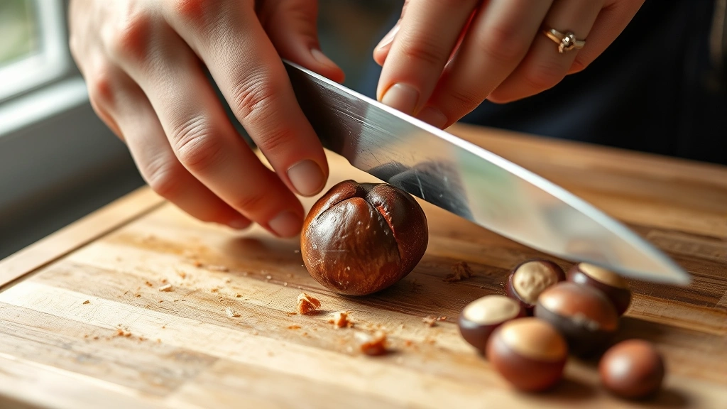 process: hands scoring X into fresh chestnut with sharp knife on wooden cutting board, natural window light, close-up detail shot
