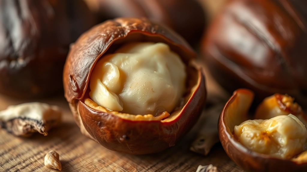 detail: peeled roasted chestnut showing tender cream-colored meat, some shell pieces nearby, macro photography, shallow depth of field, warm natural lighting