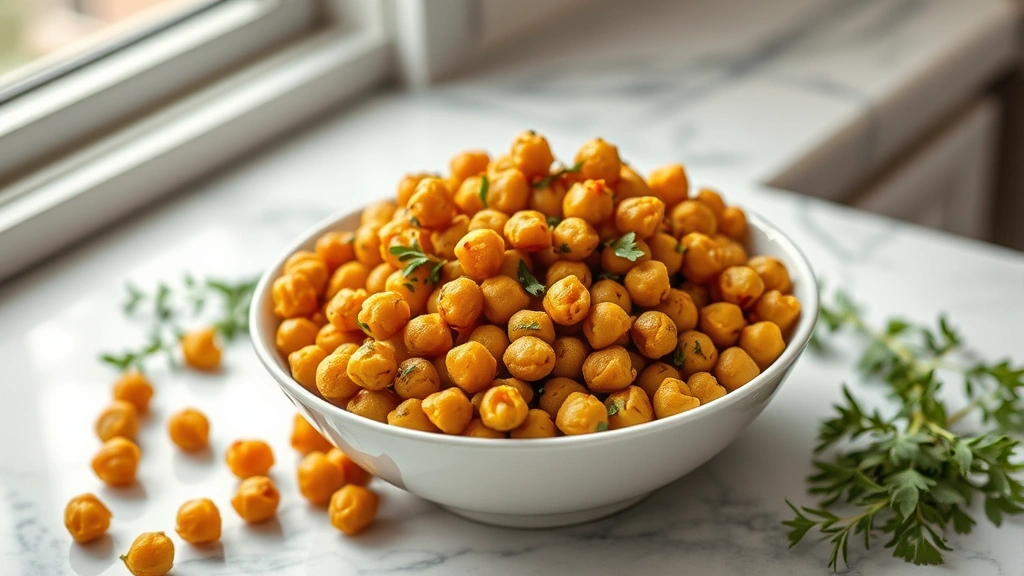 hero: golden crispy roasted chickpeas in a white ceramic bowl on a marble countertop, natural window light, fresh herbs scattered nearby, photorealistic, no text
