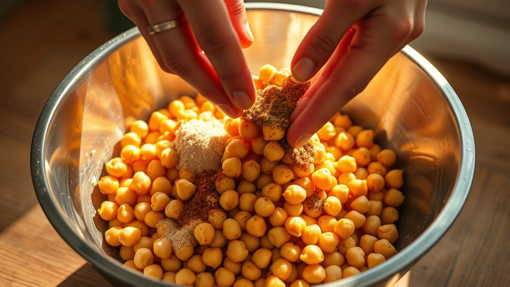 process: hands tossing chickpeas with seasonings in a stainless steel bowl, golden afternoon light streaming in, photorealistic, no text