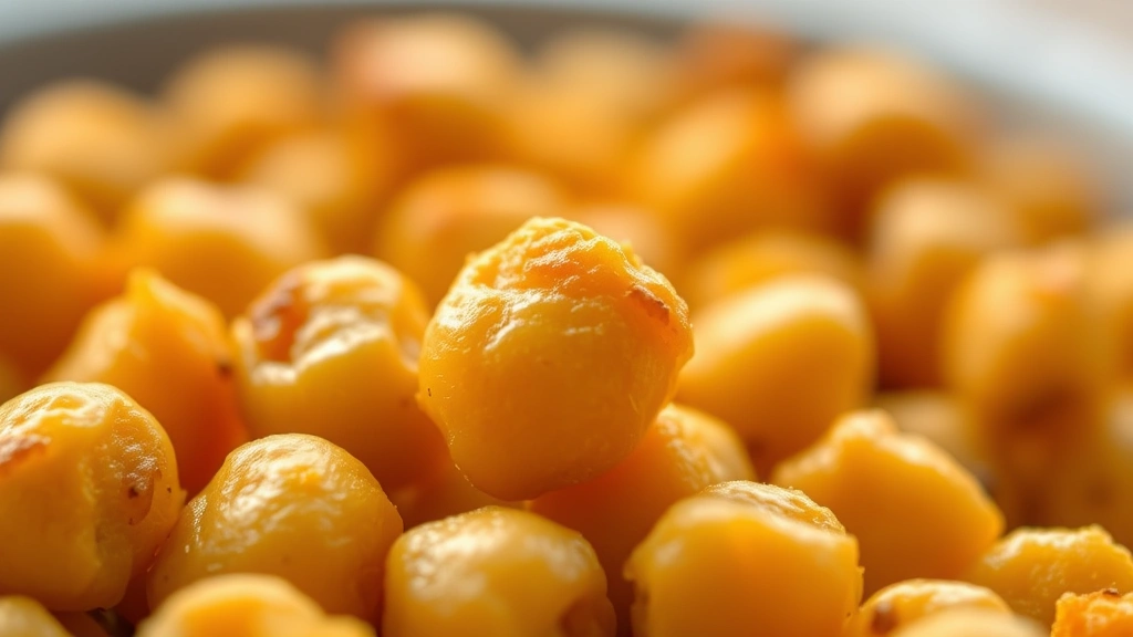detail: close-up macro shot of a single golden roasted chickpea showing crispy textured exterior, shallow depth of field, natural daylight, photorealistic, no text