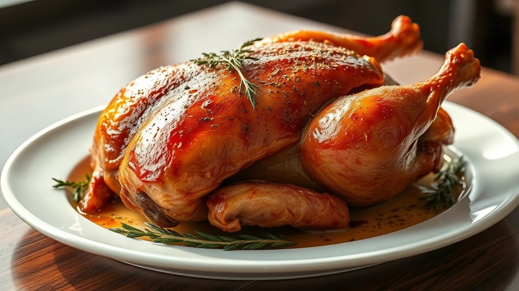 hero: perfectly roasted whole duck with golden crispy skin and herbs on a white platter, photorealistic, warm natural light, restaurant quality