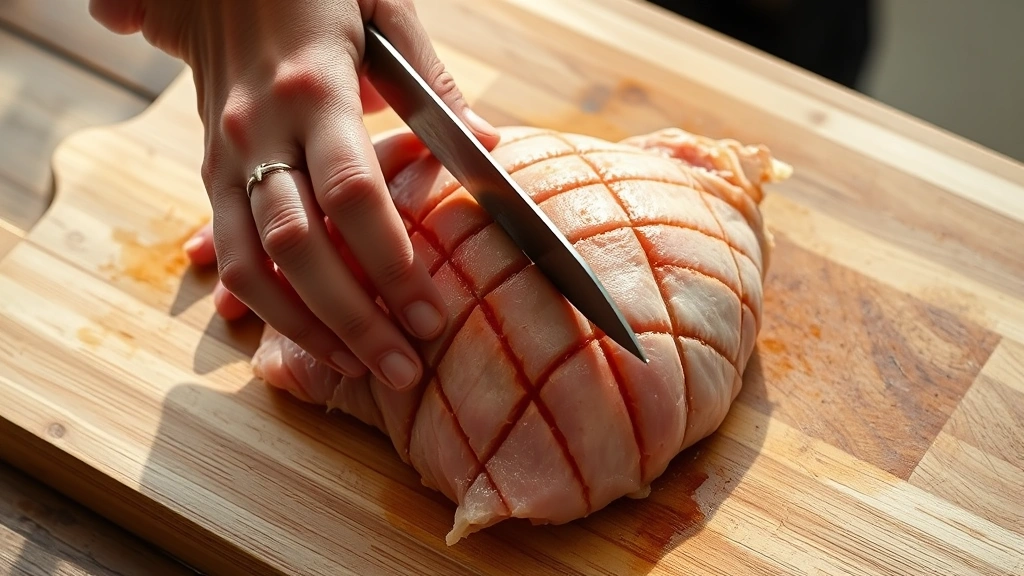 process: hands scoring duck skin in crosshatch pattern with sharp knife on wooden cutting board, photorealistic, bright natural light, no text