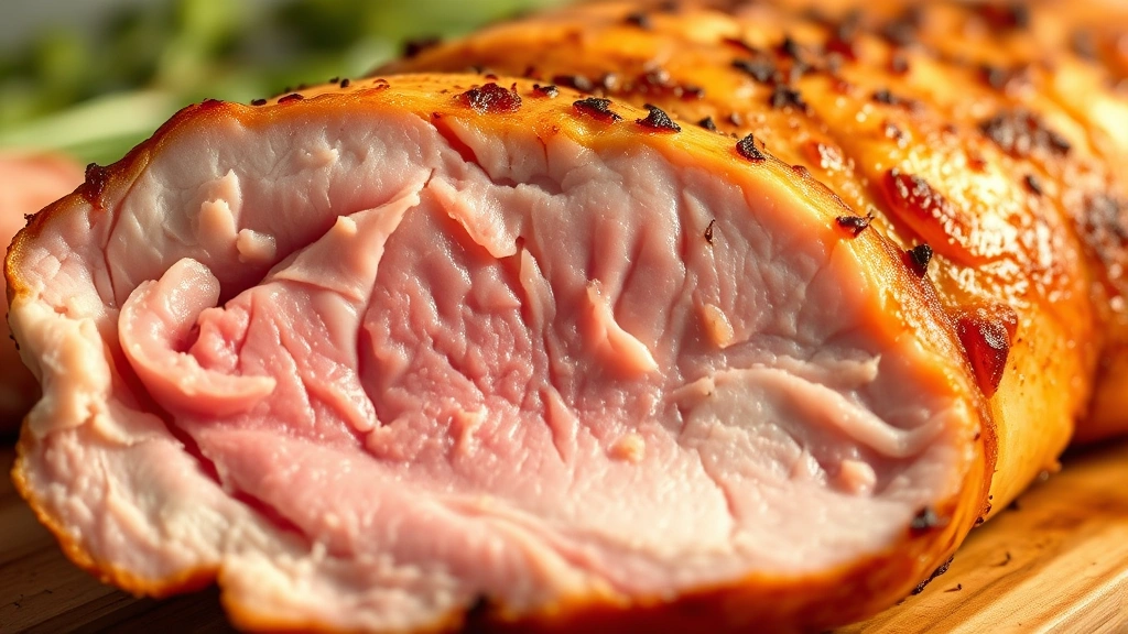 detail: close-up of carved duck breast showing pink juicy center and crispy golden skin, photorealistic, warm natural light, shallow depth of field