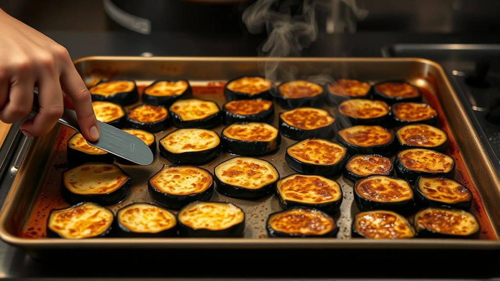 process: hands flipping roasted eggplant pieces on a baking sheet with a spatula, halfway through cooking showing caramelized bottoms, steam rising, professional kitchen lighting