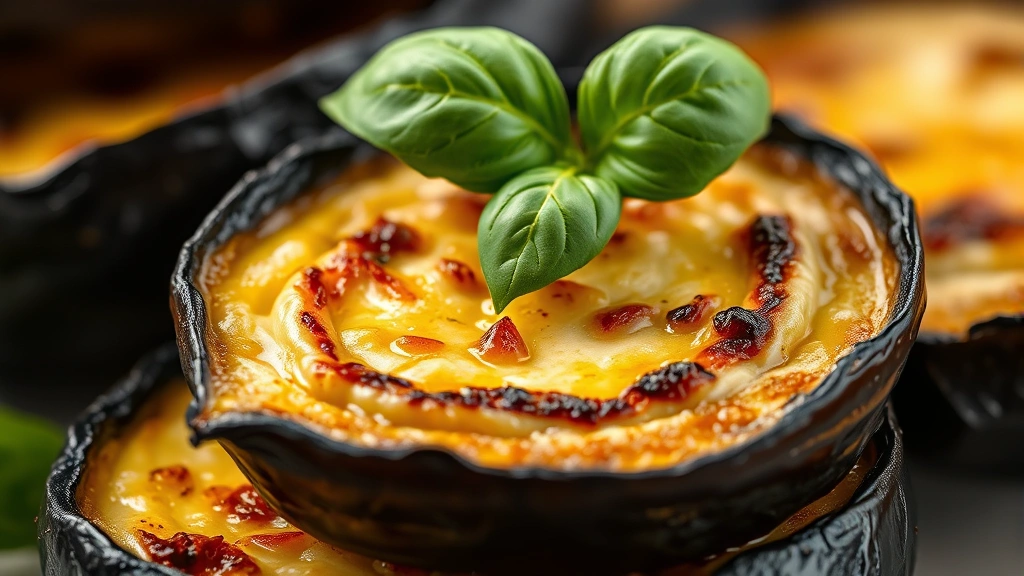 detail: close-up macro shot of a single piece of roasted eggplant showing the crispy caramelized edges and creamy tender interior, fresh basil leaf on top, shallow depth of field, warm natural light