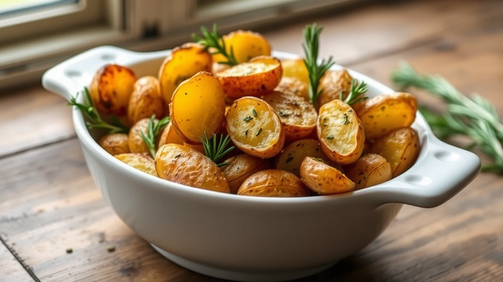 hero: golden crispy roasted fingerling potatoes in a white ceramic serving bowl garnished with fresh rosemary and parsley, natural window light, rustic wooden table background, no text visible