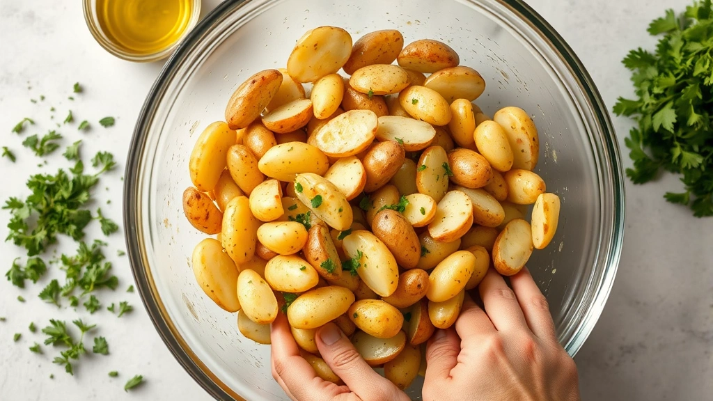 process: hands tossing fingerling potatoes with olive oil and garlic in a large mixing bowl, fresh herbs scattered nearby, bright kitchen lighting, overhead angle, no text