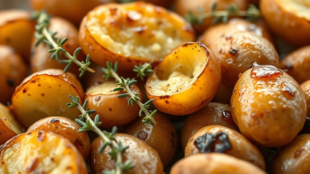 detail: close-up of perfectly roasted fingerling potatoes showing crispy golden skin and creamy interior, fresh thyme sprigs, shallow depth of field, warm natural light, no text