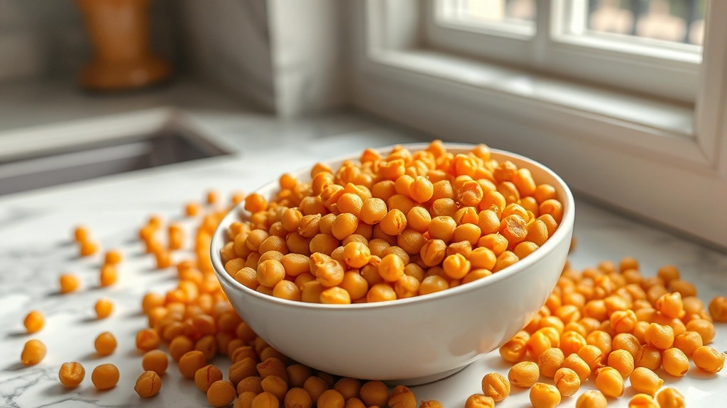 hero: golden crispy roasted garbanzo beans in a white ceramic bowl, scattered on marble countertop, natural window light, fresh and appetizing, photorealistic
