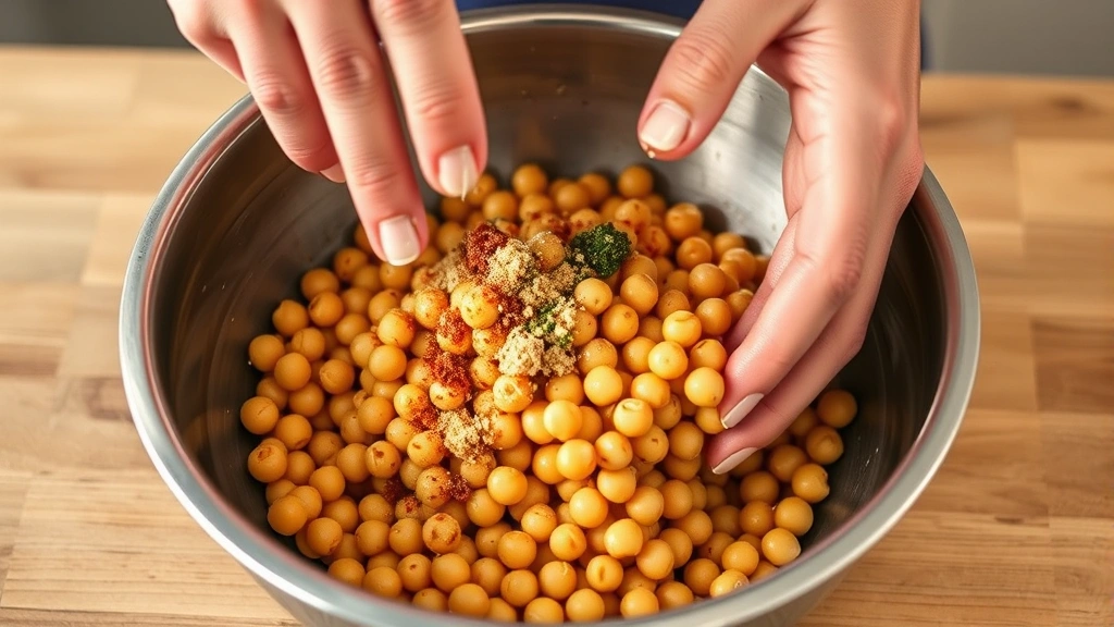 process: hands tossing garbanzo beans with olive oil and seasonings in a stainless steel bowl, mid-action shot, natural kitchen lighting, photorealistic