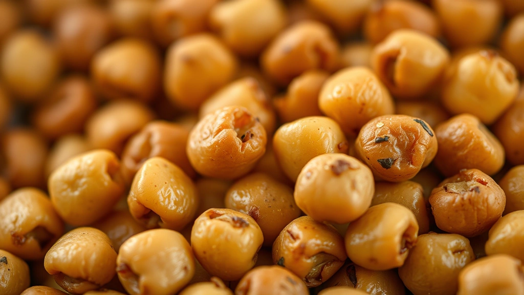 detail: close-up macro shot of individual roasted garbanzo beans showing crispy golden exterior texture, shallow depth of field, natural light, photorealistic
