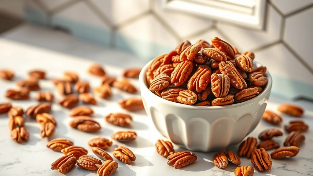 hero: golden roasted pecans in a white ceramic bowl on a marble countertop, scattered pecans around the bowl, natural window light, warm afternoon lighting, no text
