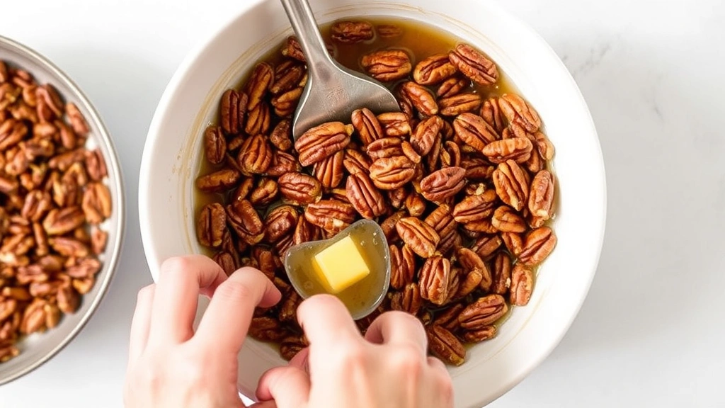 process: hands stirring pecans in a white mixing bowl with melted butter and brown sugar glaze, close-up action shot, natural light from above, no text