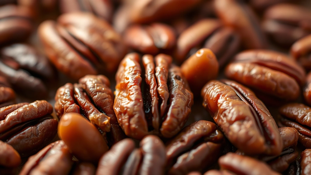 detail: extreme close-up of individual roasted pecans showing crispy caramelized coating and texture, shallow depth of field, warm natural light, no text