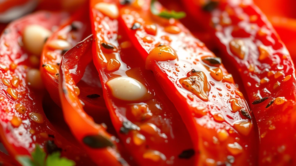 detail: close-up of peeled roasted red pepper strips with garlic and vinaigrette drizzle, water droplets, macro photography, bright natural light from side