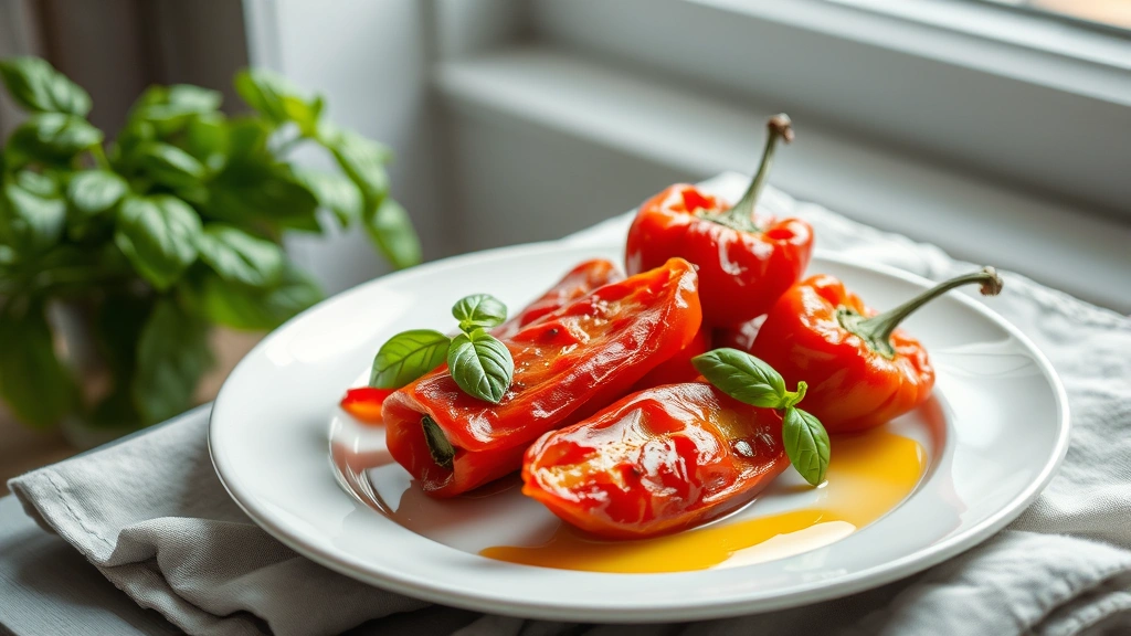 hero: perfectly roasted red peppers on white plate with fresh basil garnish, golden olive oil drizzle, soft window light, styled on light gray linen