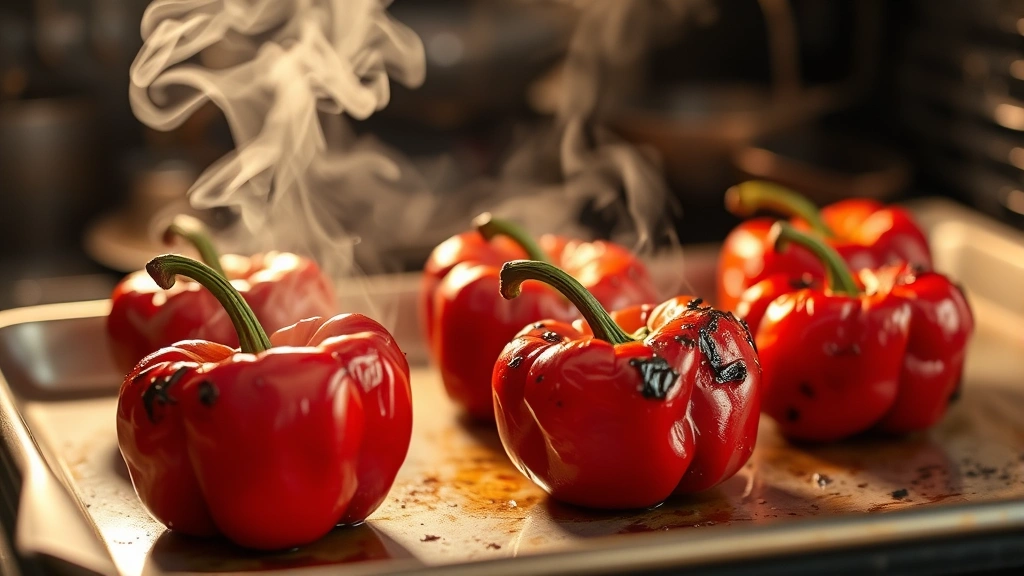 process: roasted red peppers with blackened charred skin on baking sheet fresh from oven, steam rising, natural kitchen lighting