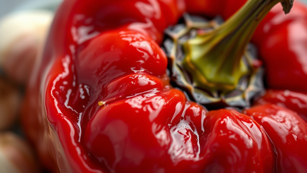 detail: close-up of peeled roasted red pepper flesh showing glossy texture and deep red color, with small garlic clove nearby, macro photography