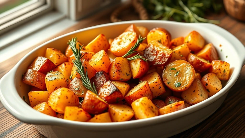 hero: golden crispy roasted red potatoes in a white ceramic serving dish, garnished with fresh rosemary and parsley, warm steam rising, photographed from above with natural window light, rustic farmhouse table background