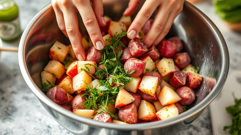 process: close-up of hands tossing red potato cubes with olive oil and fresh herbs in a large stainless steel bowl, herbs visible mid-toss, natural daylight, kitchen counter setting