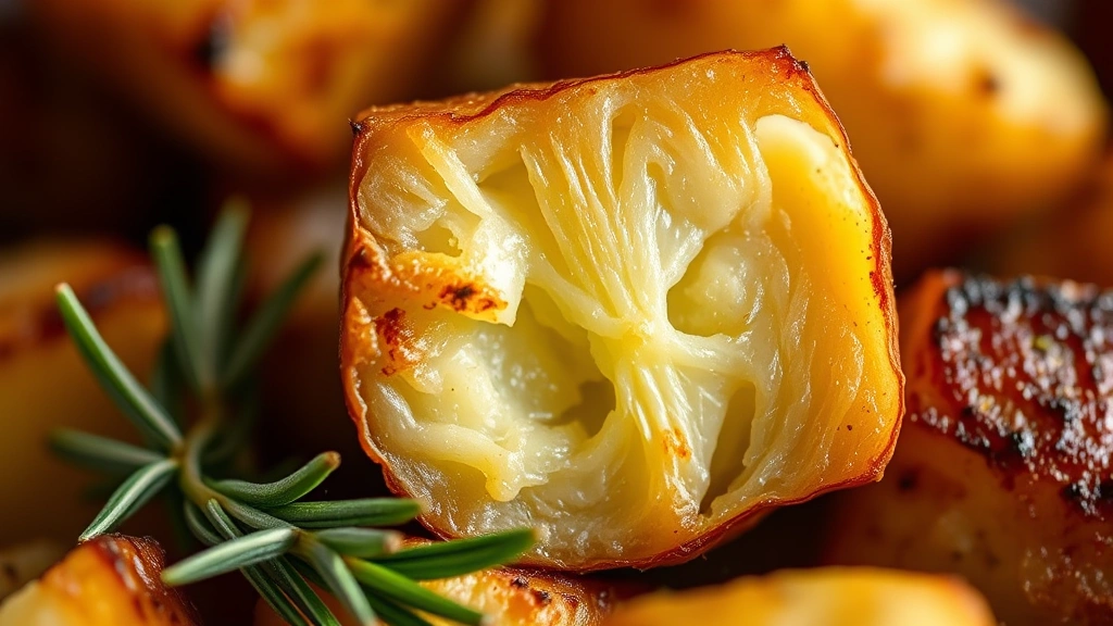 detail: extreme close-up macro shot of a single roasted red potato cube showing crispy golden-brown exterior and creamy pale yellow interior after being cut in half, rosemary sprig nearby, shallow depth of field, warm natural lighting
