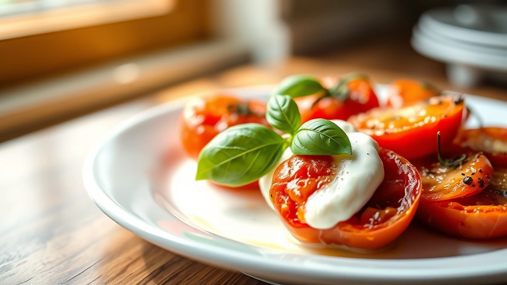 hero: perfectly roasted tomatoes on white plate with fresh basil and burrata cheese, golden caramelized edges, warm natural window light, shallow depth of field, appetizing vibrant reds