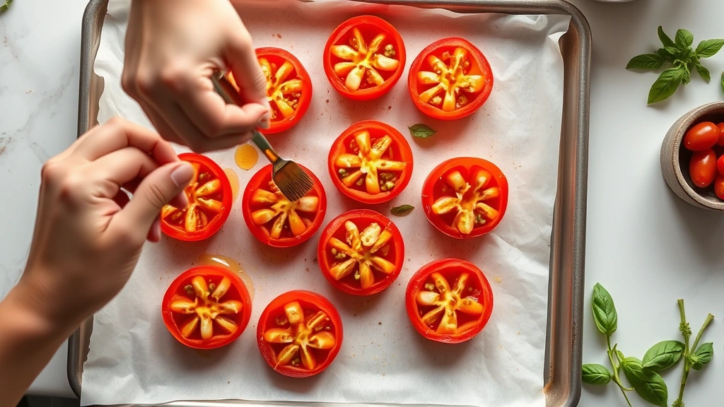 process: hands brushing garlic oil mixture onto halved tomatoes on parchment-lined baking sheet, bright kitchen lighting, overhead angle, fresh basil and ingredients visible