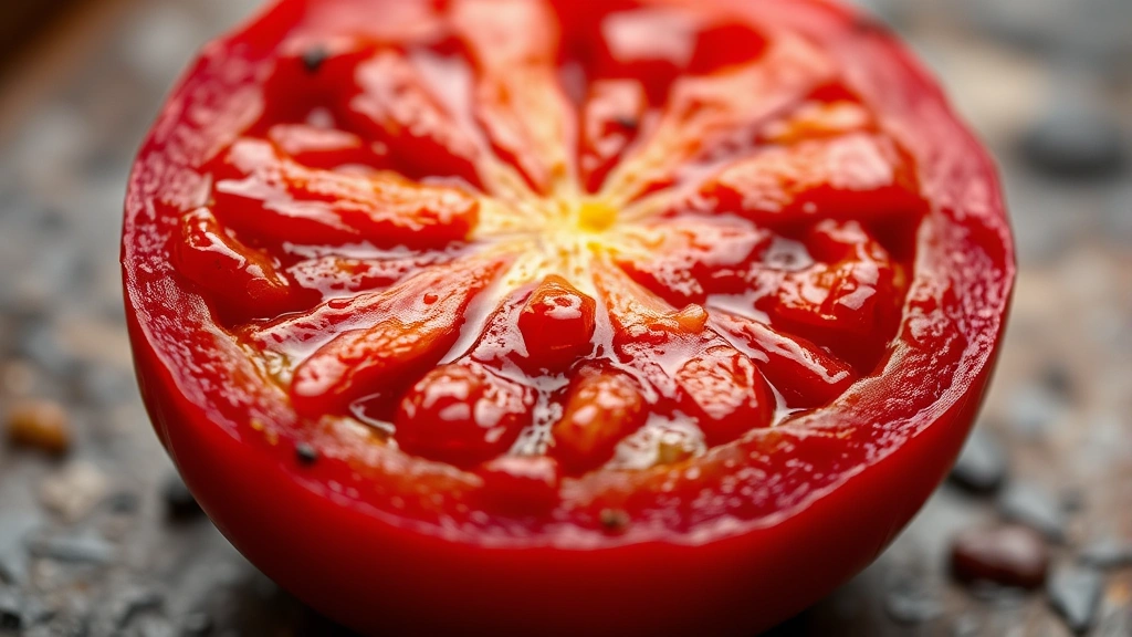 detail: extreme close-up of single roasted tomato half showing caramelized wrinkled edges and concentrated ruby red color, shallow focus, professional food photography lighting
