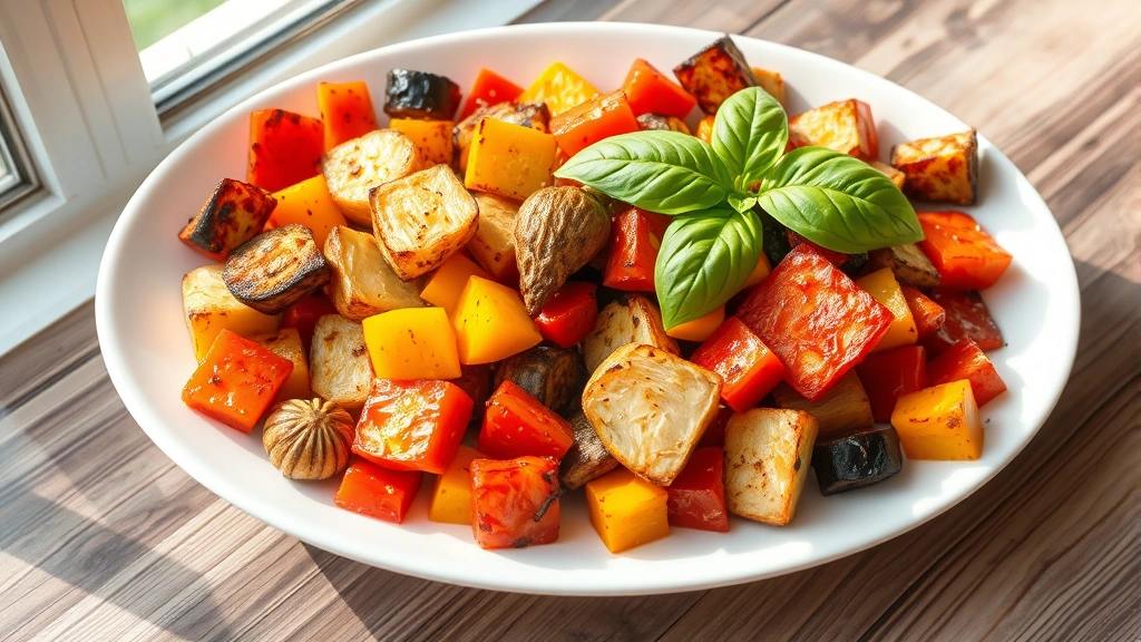 hero: colorful roasted vegetables on a white platter with golden-brown caramelized edges, steam rising, fresh basil garnish, bright natural window light, top-down angle, no text