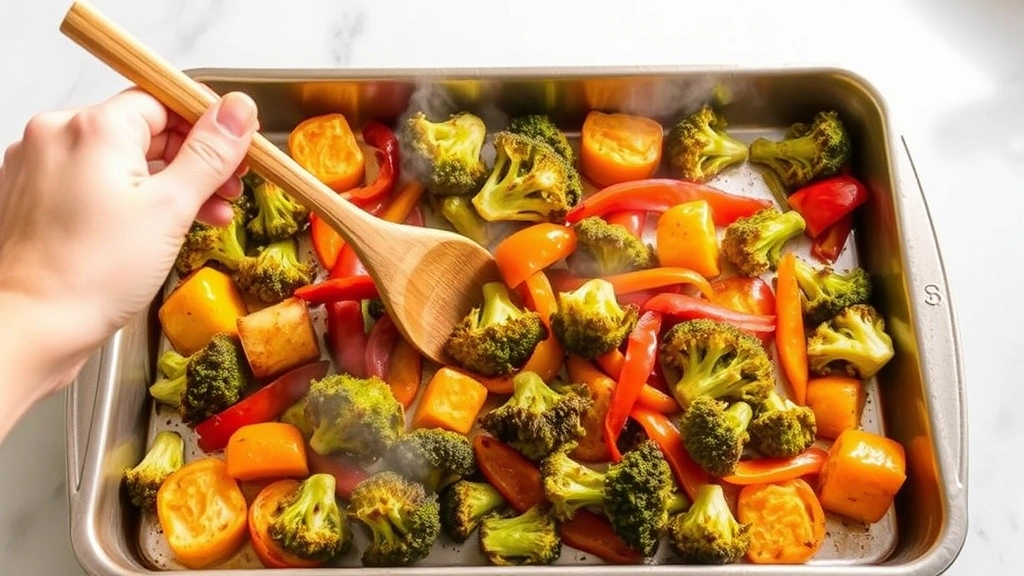 process: hand stirring roasted vegetables on baking sheet with wooden spoon, golden-brown broccoli and peppers visible, steam rising from hot pan, natural daylight, no text