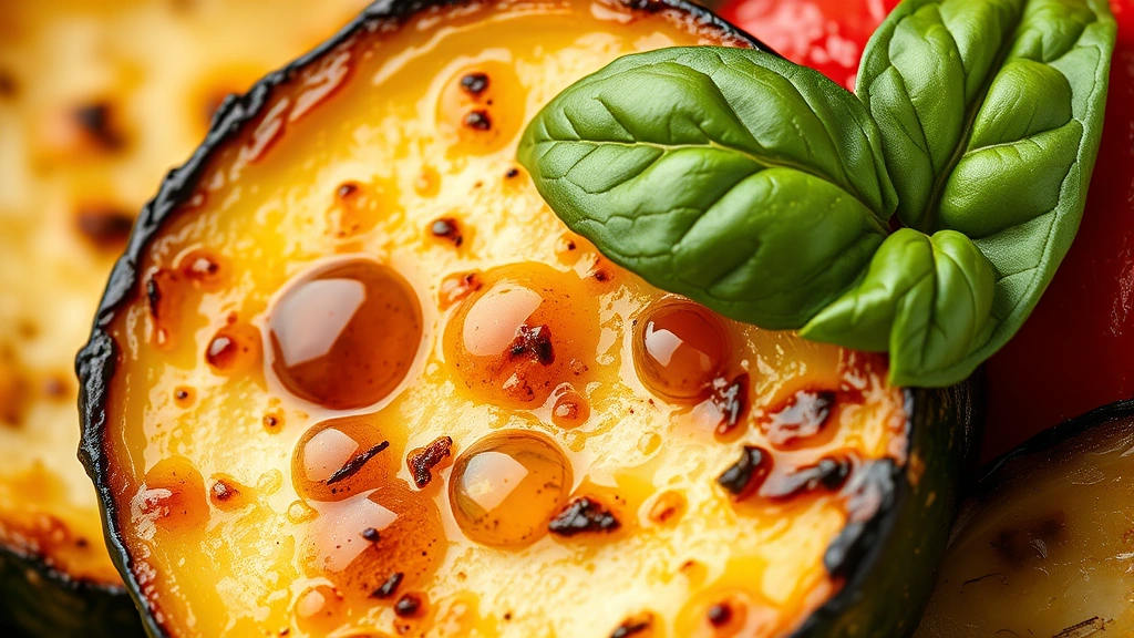 detail: close-up of perfectly roasted zucchini and bell pepper slice with charred caramelized edges, fresh basil leaf, balsamic vinegar droplets, macro photography, natural light, no text