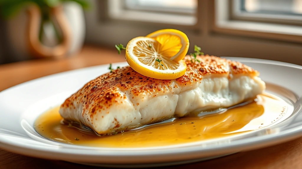 hero: perfectly seared rockfish fillet with golden crust, garnished with fresh lemon slices and herbs, pan sauce glistening, served on white plate, warm natural window light, professional food photography