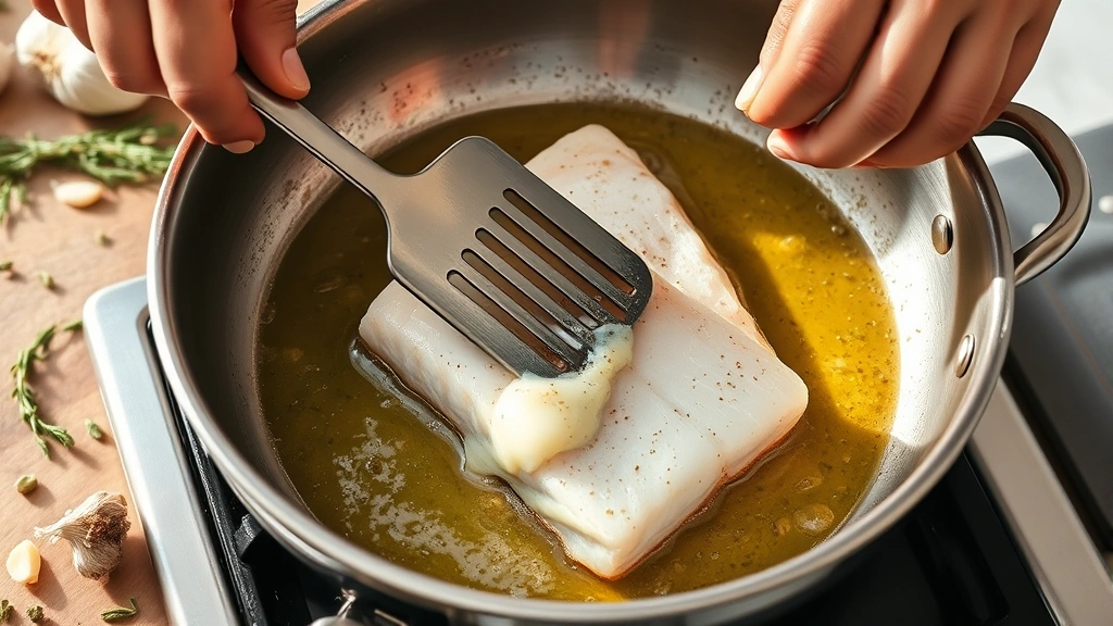 process: hands using spatula to flip rockfish fillet in butter and olive oil in stainless steel skillet, golden sear visible, aromatic garlic and thyme scattered around, natural daylight from side