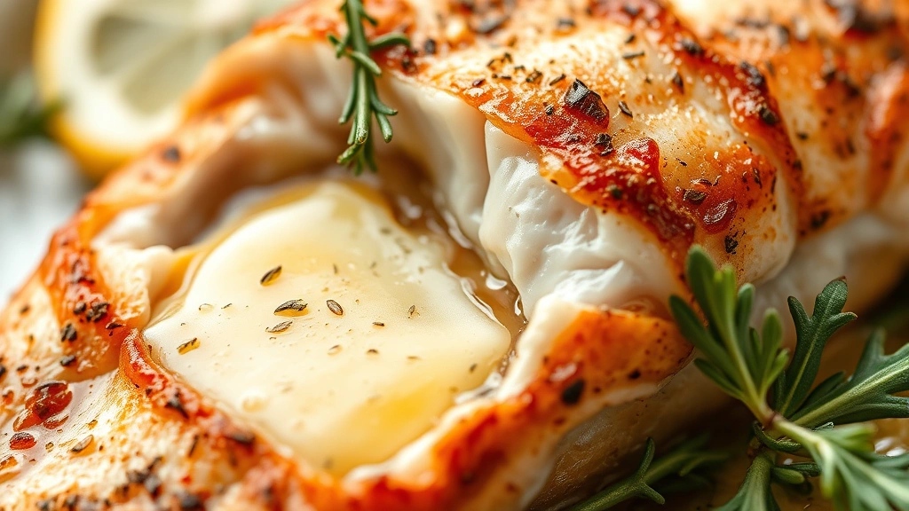 detail: close-up of cooked rockfish cross-section showing moist flaky interior, herb-infused butter pooling around edges, fresh thyme sprigs and lemon slice garnish, macro photography with shallow depth of field